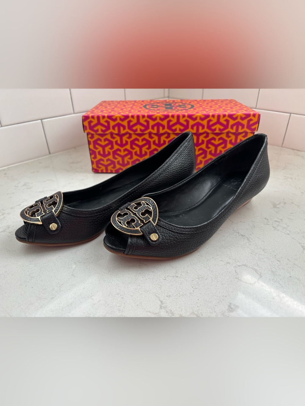 Tory Burch Black Leather Logo Peep Toe Wedges